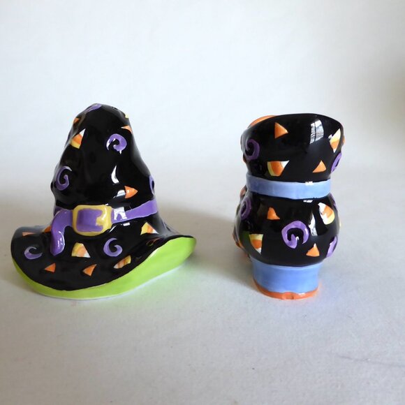 NEW 2003 SPOOKY HOLLOW WITCH HAT BOOT CERAMIC SALT PEPPER SHAKER SET - Picture 8 of 15